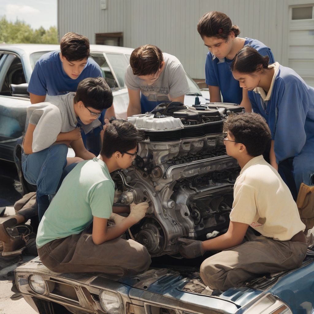 Students Working on Car Engine